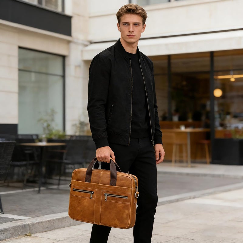 SAIION Genuine Leather Briefcase for Men, Laptop Computer Shoulder Bag With Strap, 15.6 Inch Business Travel Work Handbag - Image 4